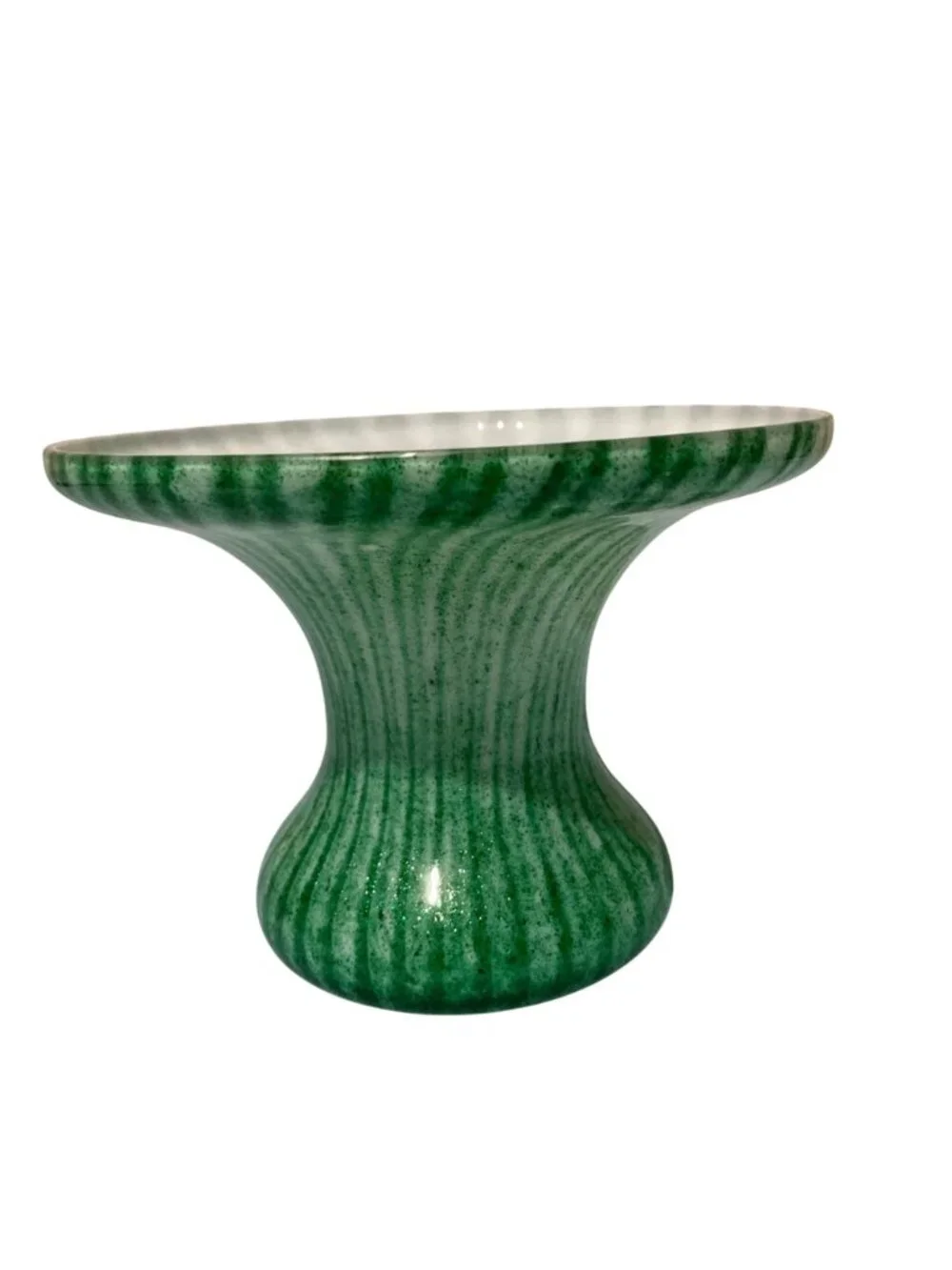 Green And White Cased Glass Vase With Fluted Rim And Striped Pattern